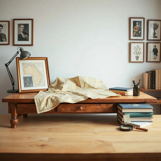 Framed historical-inspired artwork beside a vintage map and art books on a wooden desk