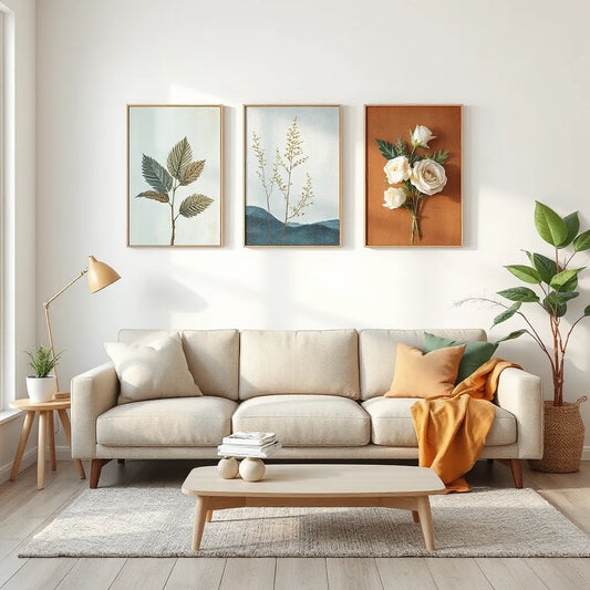 Three unique stretched canvas prints on a living room wall above a neutral sofa