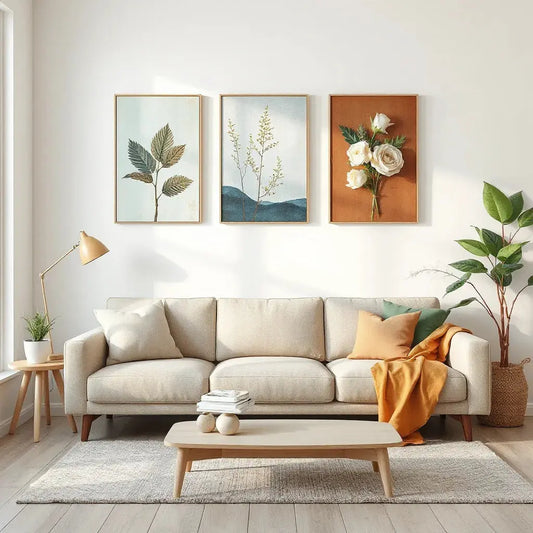 Three unique stretched canvas prints on a living room wall above a neutral sofa