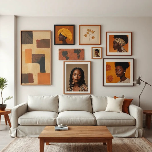 Curated gallery wall of framed contemporary art celebrating Black culture in a bright living room