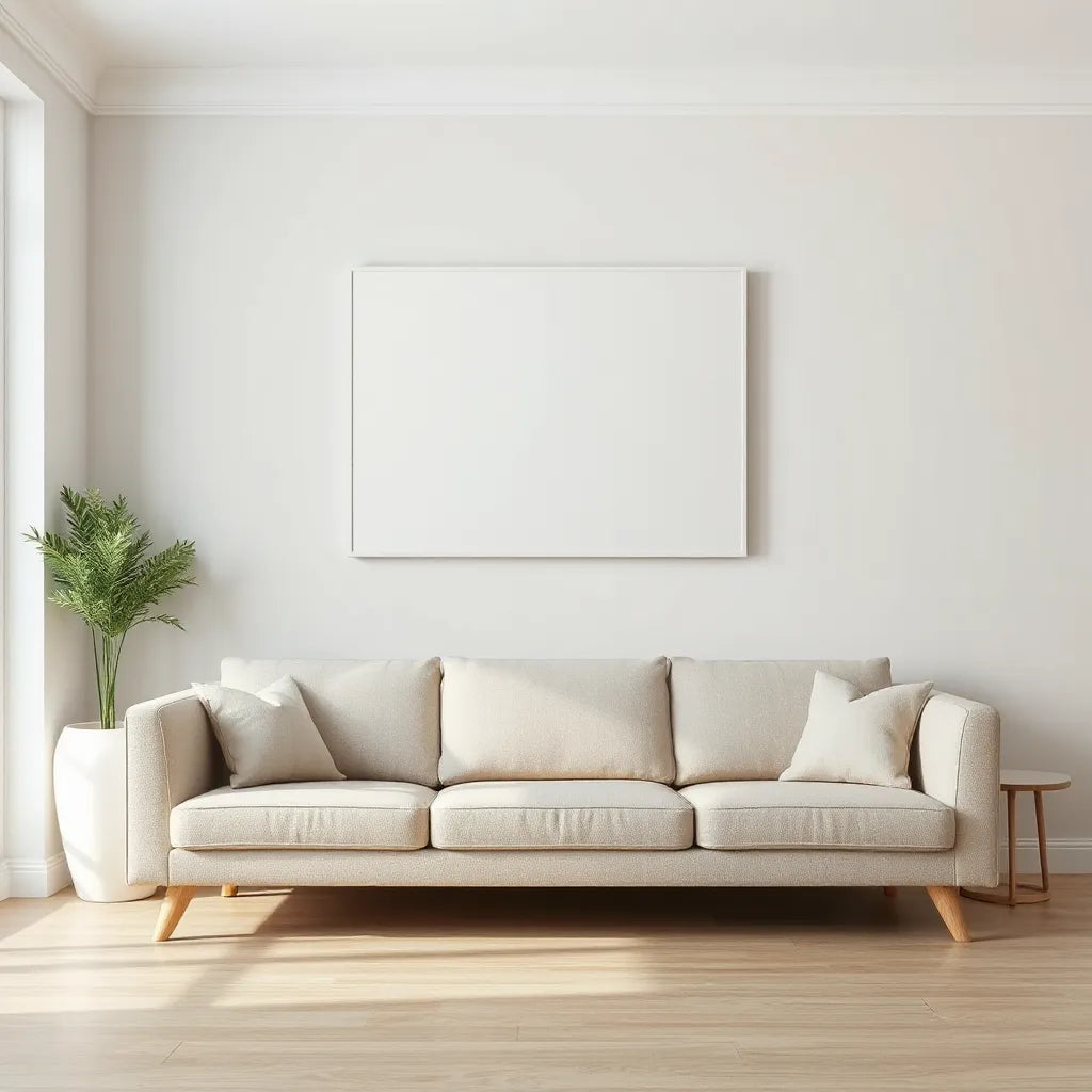 Gallery wrapped canvas artwork centered above a modern sofa in a bright, minimalist living room