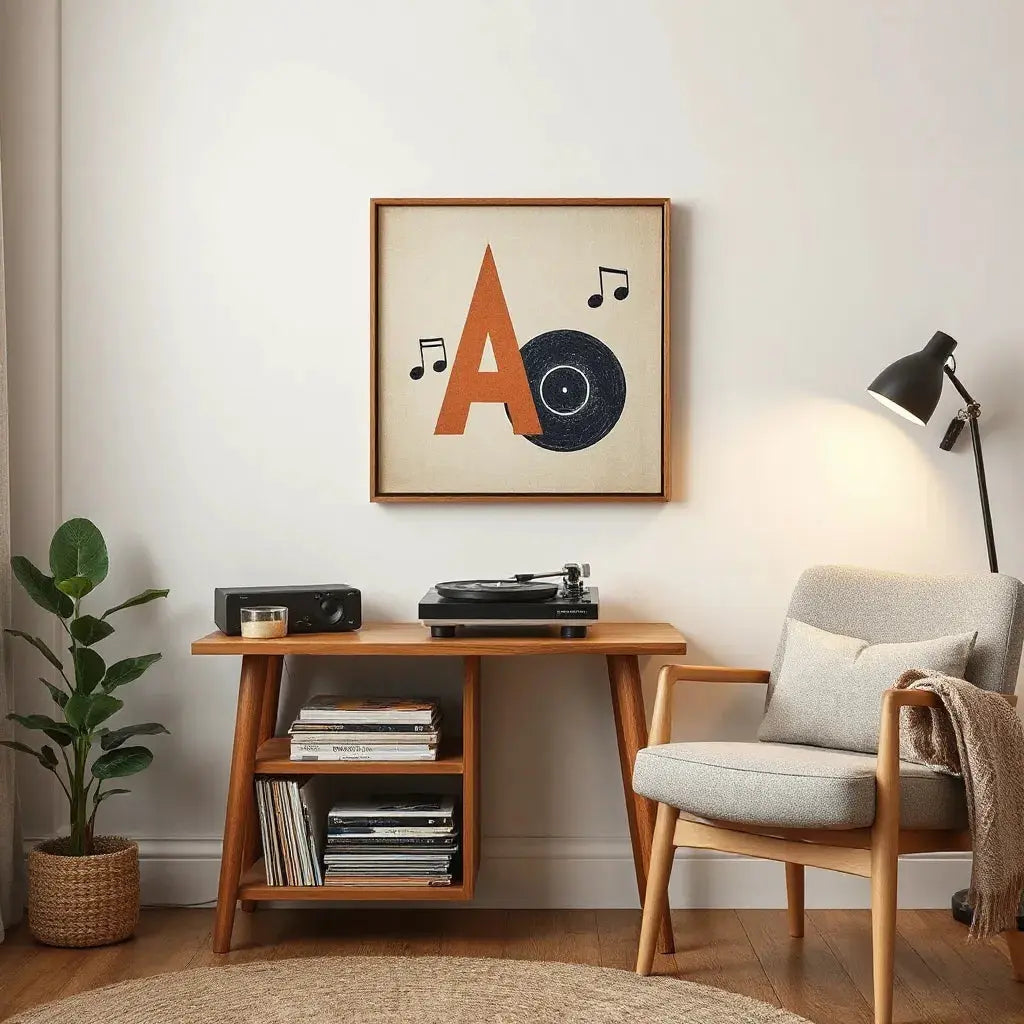 Framed abstract musical canvas above a record player in a cozy listening nook