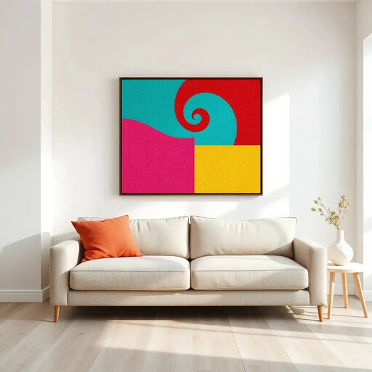 Bold abstract wall artwork in red, teal, yellow, and magenta above a neutral sofa in a modern living room