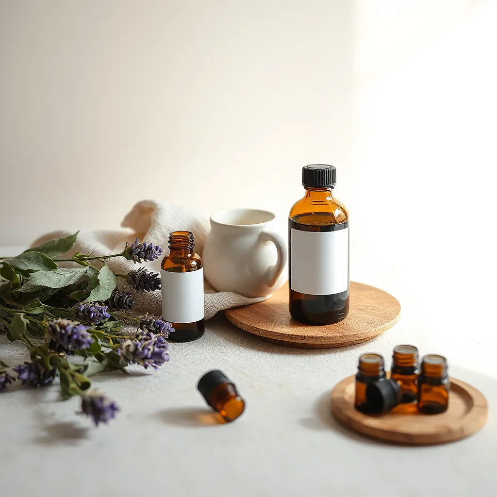 Essential oil bottles, a diffuser, and fresh lavender and eucalyptus on a minimal tabletop