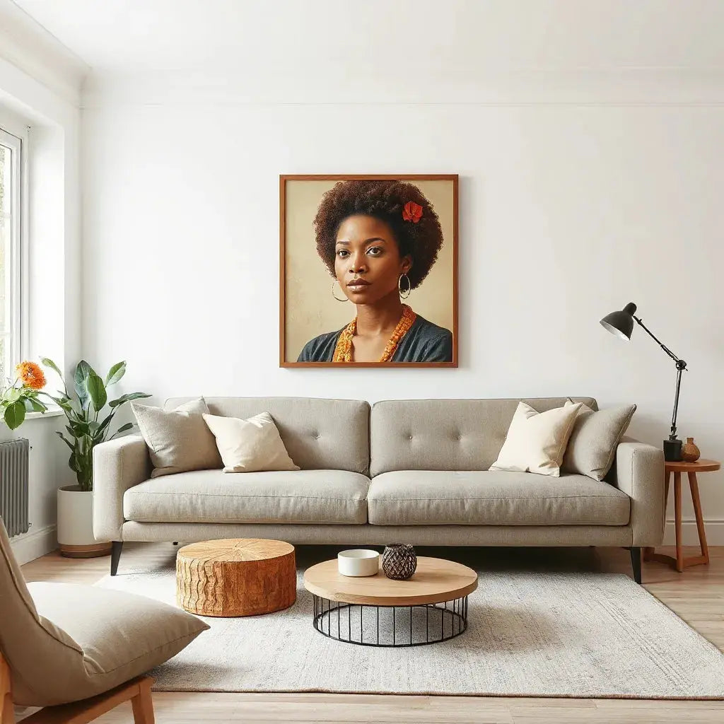 Framed portrait-style artwork by a Black woman on a living room wall with warm natural light
