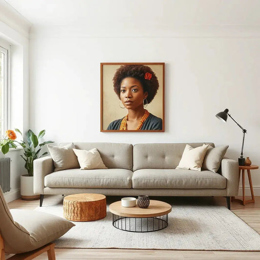 Framed portrait-style artwork by a Black woman on a living room wall with warm natural light