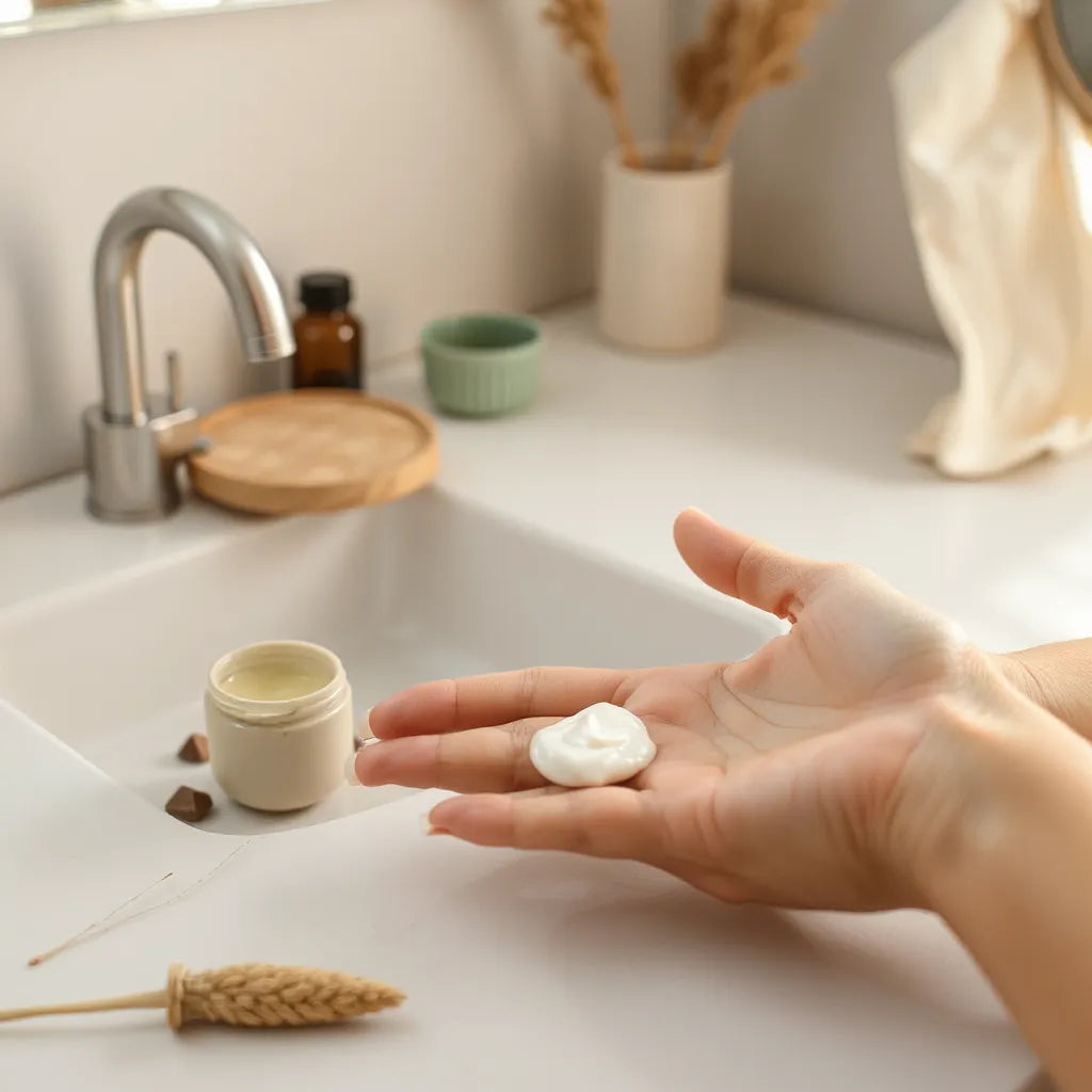 A hand applying moisturizing cream beside a small jar on a clean countertop.