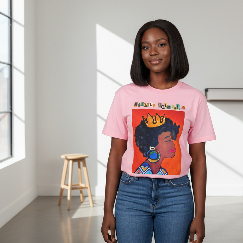 Unisex Crowned Black Woman Art Graphic Vintage Wash Drop Shoulder T-shirt ODMPOD