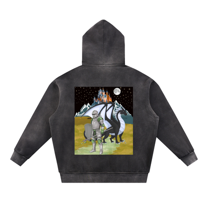 Medieval Knight and Dragon Graphic Hoodie, Sun Fade Contrast Tape Fleece Hoodie