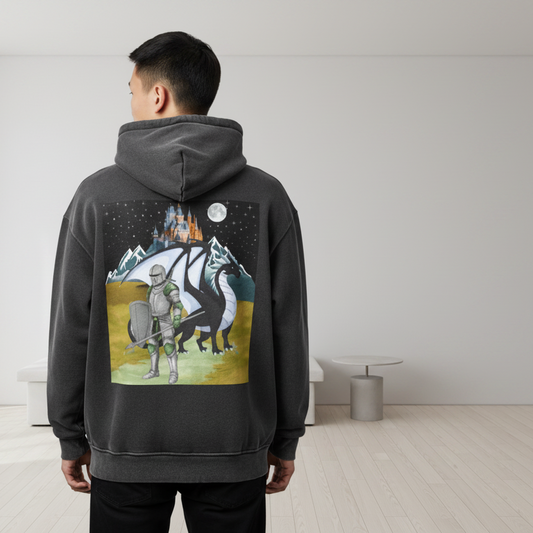 Medieval Knight and Dragon Graphic Hoodie, Sun Fade Contrast Tape Fleece Hoodie