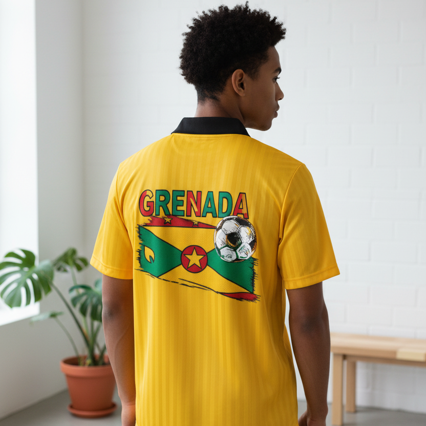 Grenada Flag Themed Graphic Collar Striped Soccer Jersey