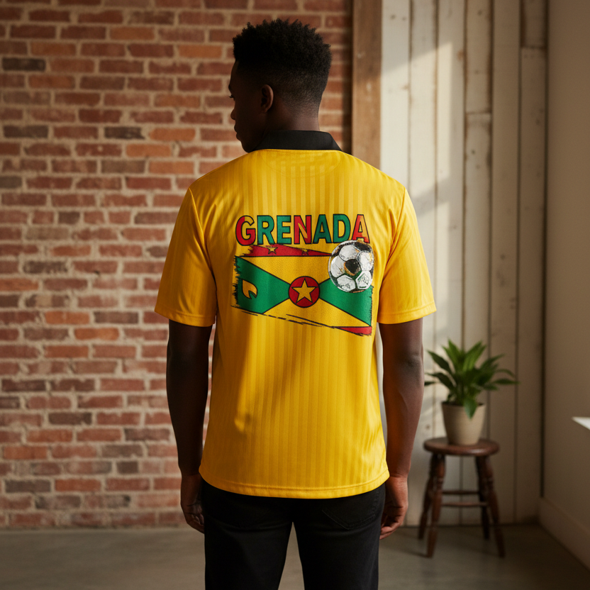 Grenada Flag Themed Graphic Collar Striped Soccer Jersey