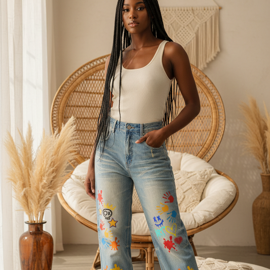 Unisex Denim Jeans Featuring a Color Splat Graphic Print, Sun-Faded Finish, and Raw Hemline