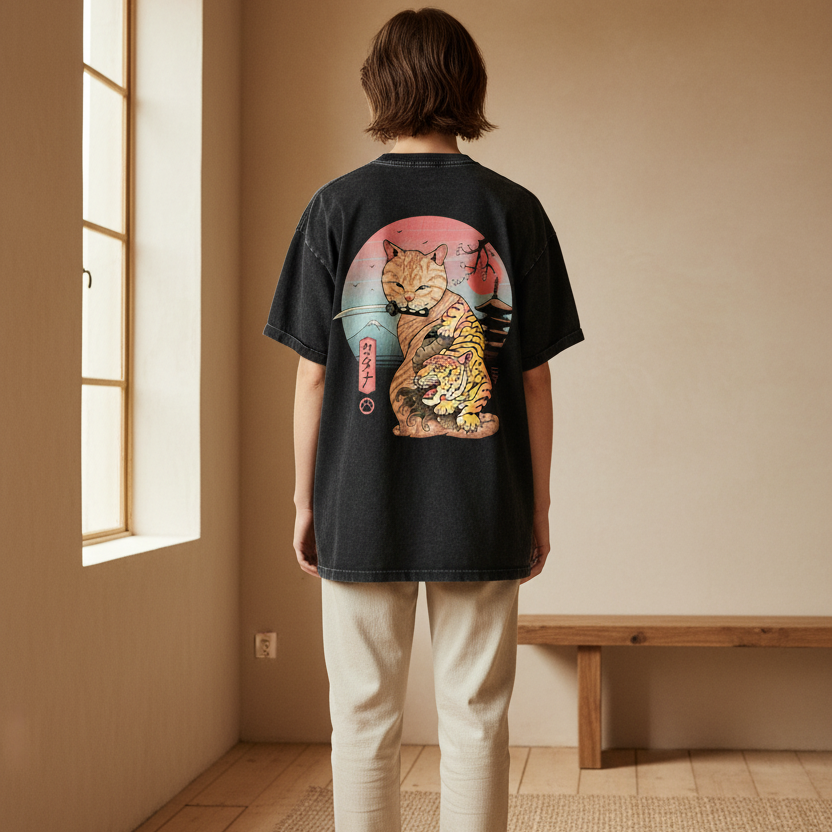Graphic Japanese Tiger Art Snow Washed Oversized Cotton Unisex T-Shirt