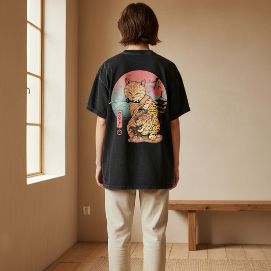 Graphic Japanese Tiger Art Snow Washed Oversized Cotton Unisex T-Shirt