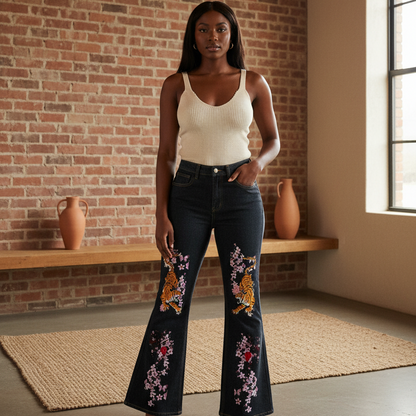 Tiger and Floral Art Graphic Women's High-Rise Flared Jeans