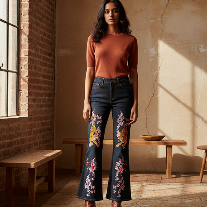 Tiger and Floral Art Graphic Women's High-Rise Flared Jeans