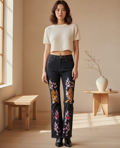 Tiger and Floral Art Graphic Women's High-Rise Flared Jeans
