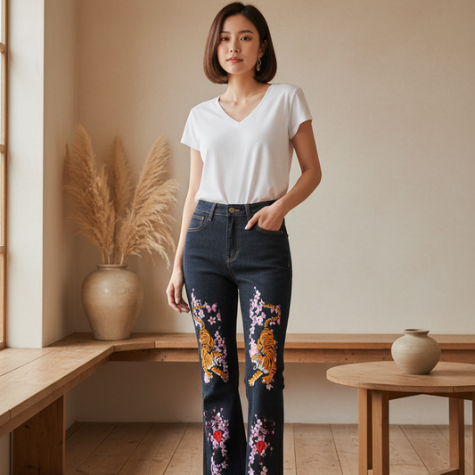 Tiger and Floral Art Graphic Women's High-Rise Flared Jeans