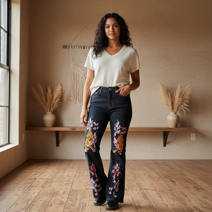 Tiger and Floral Art Graphic Women's High-Rise Flared Jeans