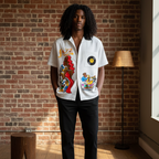 Jazz Singer, Jazz Band Graphic Unisex Striped Boxy Contrast Collar Shirt