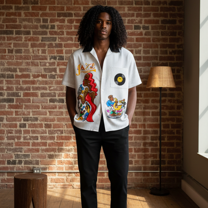 Jazz Singer, Jazz Band Graphic Unisex Striped Boxy Contrast Collar Shirt
