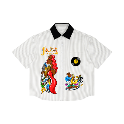 Jazz Singer, Jazz Band Graphic Unisex Striped Boxy Contrast Collar Shirt