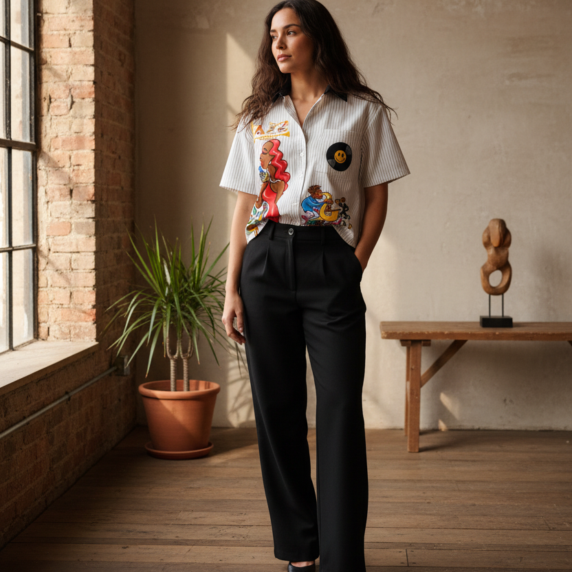 Jazz Singer, Jazz Band Graphic Unisex Striped Boxy Contrast Collar Shirt