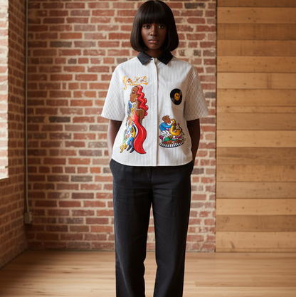 Jazz Singer, Jazz Band Graphic Unisex Striped Boxy Contrast Collar Shirt