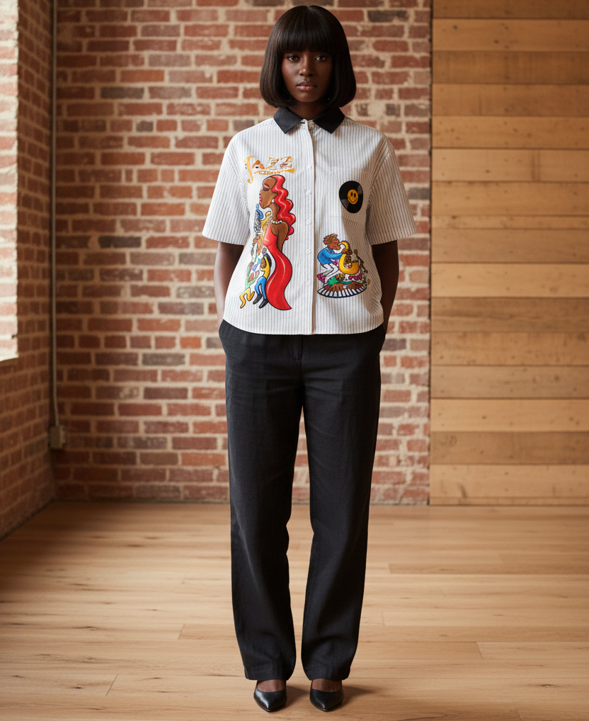 Jazz Singer, Jazz Band Graphic Unisex Striped Boxy Contrast Collar Shirt