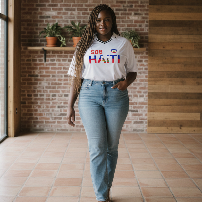 Haitian Pride and Flag Themed Striped V-Neck Unisex  Soccer Jersey