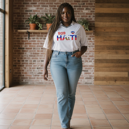 Haitian Pride and Flag Themed Striped V-Neck Unisex  Soccer Jersey