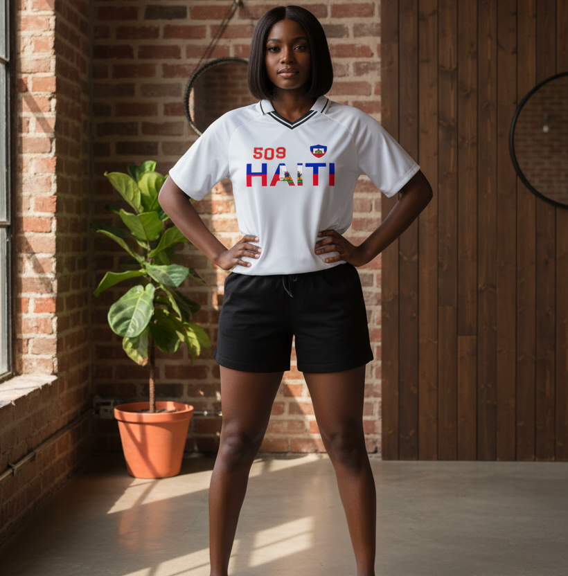Haitian Pride and Flag Themed Striped V-Neck Unisex  Soccer Jersey