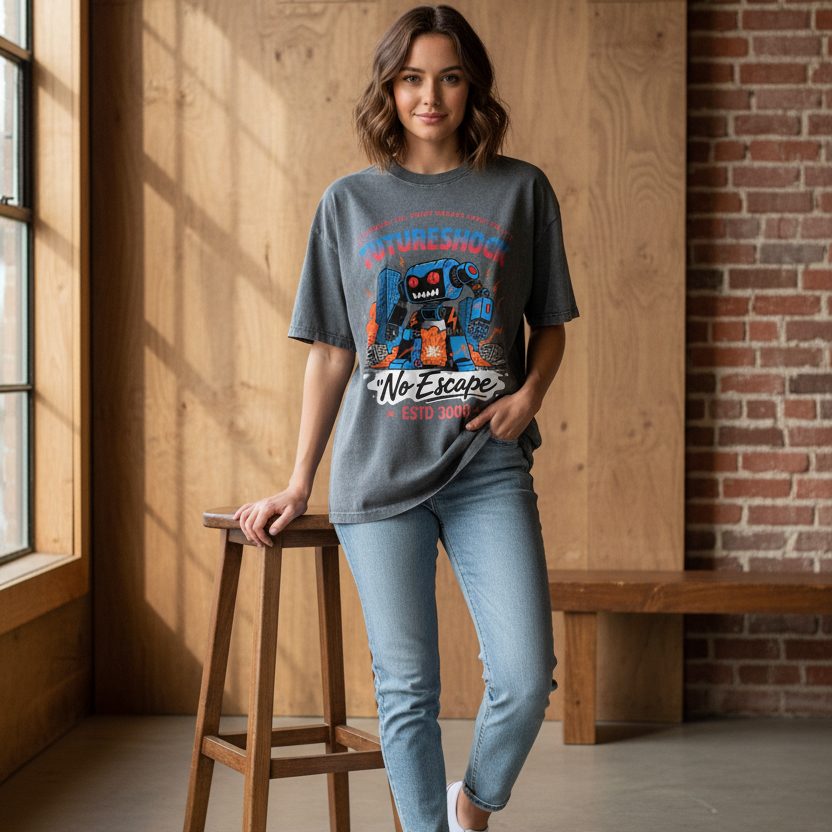Future Robot Dystopia Graphic Snow Washed Oversized Cotton Unisex T-Shirt