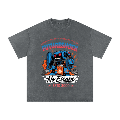 Future Robot Dystopia Graphic Snow Washed Oversized Cotton Unisex T-Shirt