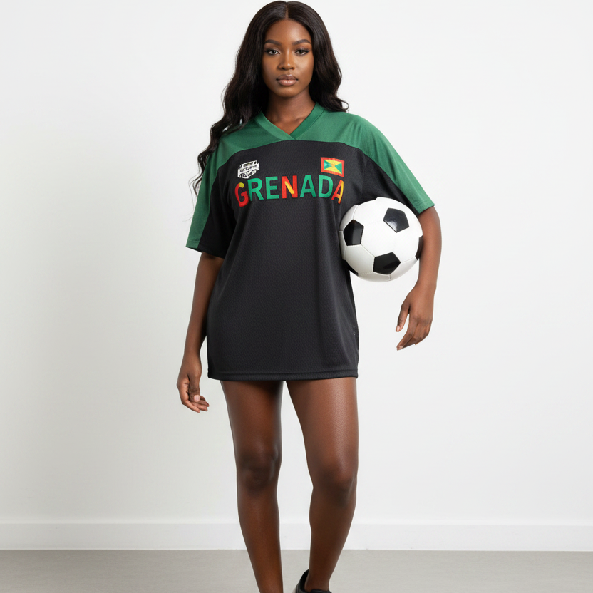 Grenada Flag Themed Graphic Mesh V-Neck Soccer Jersey