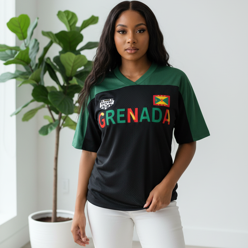 Grenada Flag Themed Graphic Mesh V-Neck Soccer Jersey