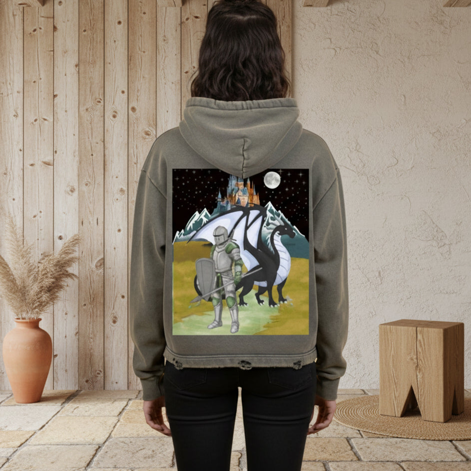 Medieval Dragon Themed Graphic Vintage Washed Frayed-Hem Hoodie ODMPOD