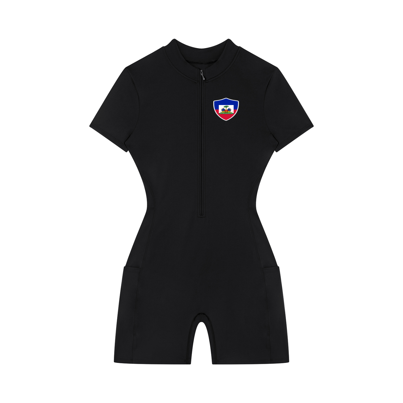 Haiti Flag Themed Women's Quarter-Zip Short Sleeve Romper