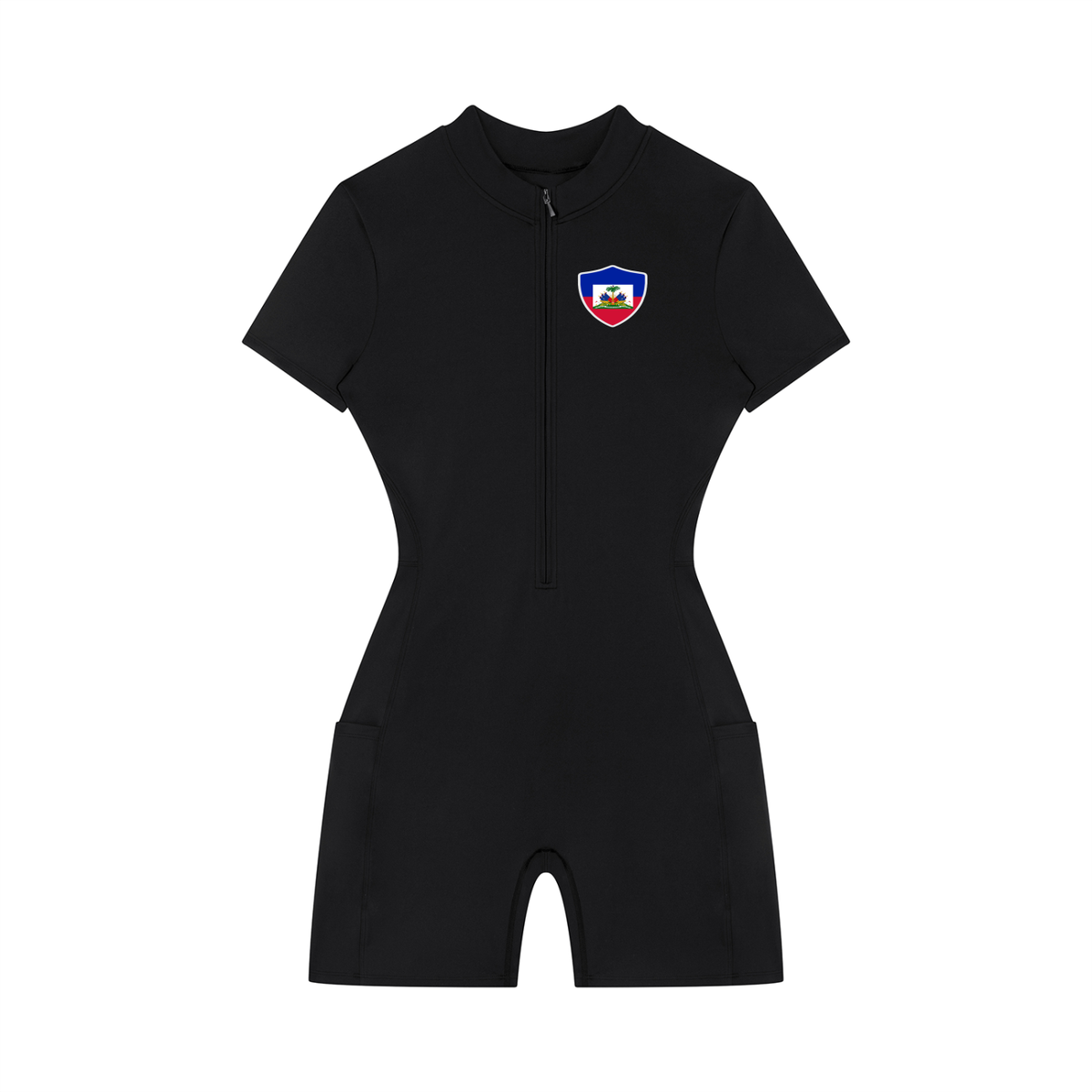 Women's Quarter-Zip Short Sleeve Romper featuring the Haiti Flag Art