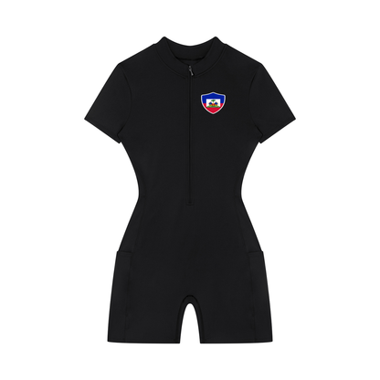 Haiti Flag Themed Women's Quarter-Zip Short Sleeve Romper