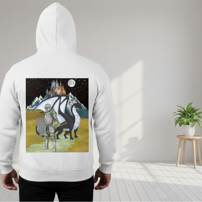 Medieval Knight and Dragon Graphic Hoodie, Sun Fade Contrast Tape Fleece Hoodie