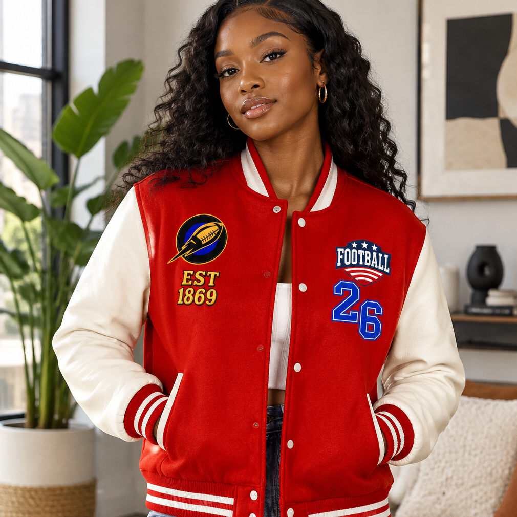 American Football Themed Graphic Two-Tone Fleeced Varsity Unisex Jacket