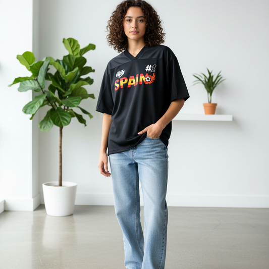 Spain Flag Themed Graphic Mesh V-Neck Soccer Jersey