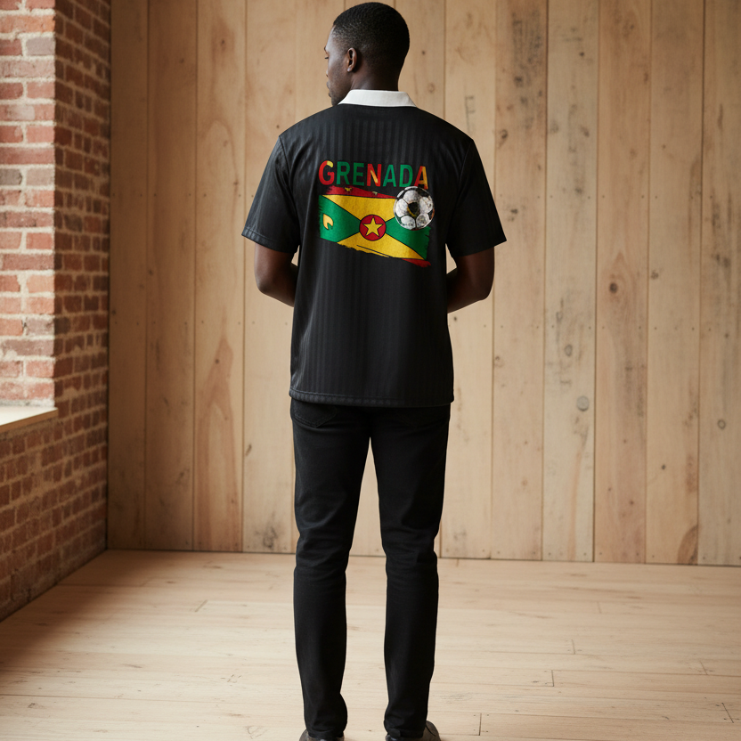 Grenada Flag Themed Graphic Collar Striped Soccer Jersey