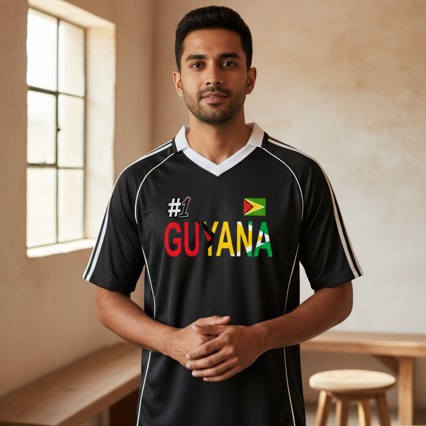 Guyana Flag Themed Unisex Graphic Shadow Stripe Collared Soccer Jersey