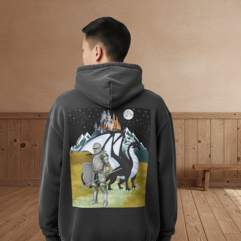Medieval Knight and Dragon Graphic Hoodie, Sun Fade Contrast Tape Fleece Hoodie ODMPOD