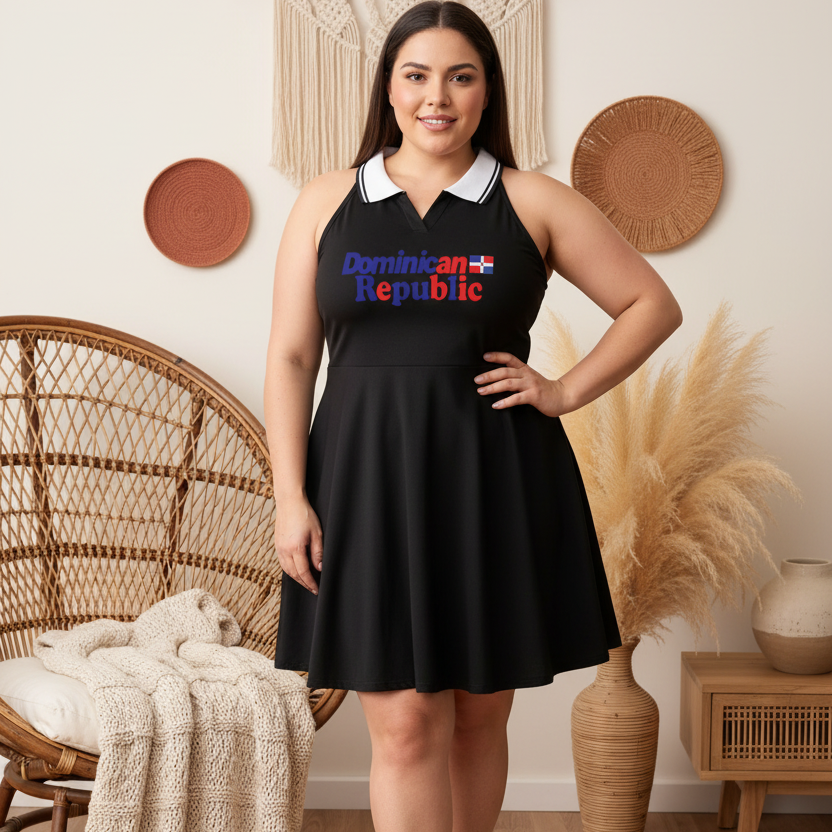 Dominican Republic Flag Themed Women's Collared Halter A-Line Tennis Dress