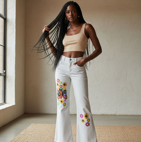 Afro Music Themed Graphic Women's Vintage Wash Flared Leg Jeans