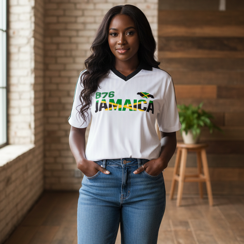 Jamaican Flag Themed Unisex Graphic Contrast Collar Striped Soccer Jersey